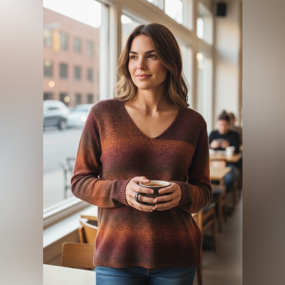 Columbia Sunset Burnt Orange Ombre Knit V-neck Shrunken Wool Blend Sweater
